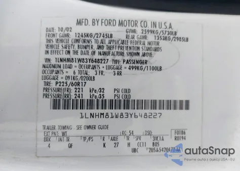 2003 Lincoln Town Car Executive из США, поврежденный, VIN 1LNHM81W83Y648227